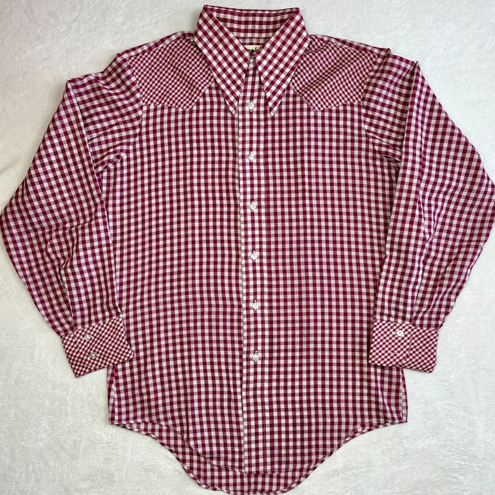 Vintage Mach II by Arrow Mens Medium Burgundy Gingham Western‎ Yoke Shirt 70s